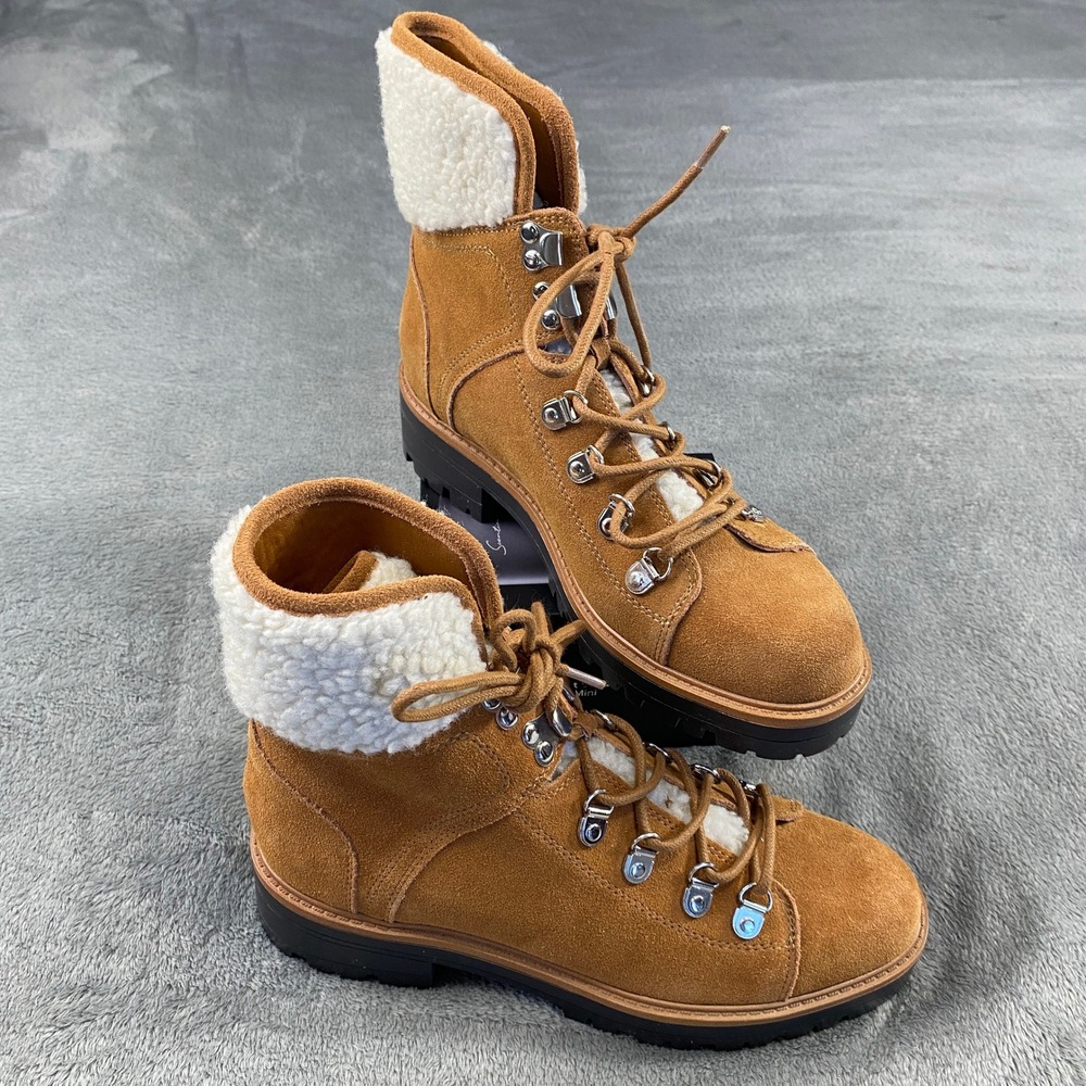 Marc Fisher Hiker Boots Womens 8M Tan Suede Shearling Izzie Lug‎ Sole Platform
